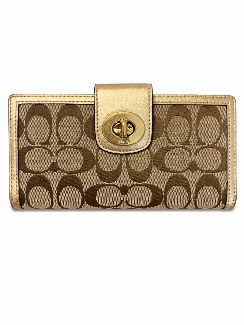 Coach Gold & Brown Signature Turnlock Wallet